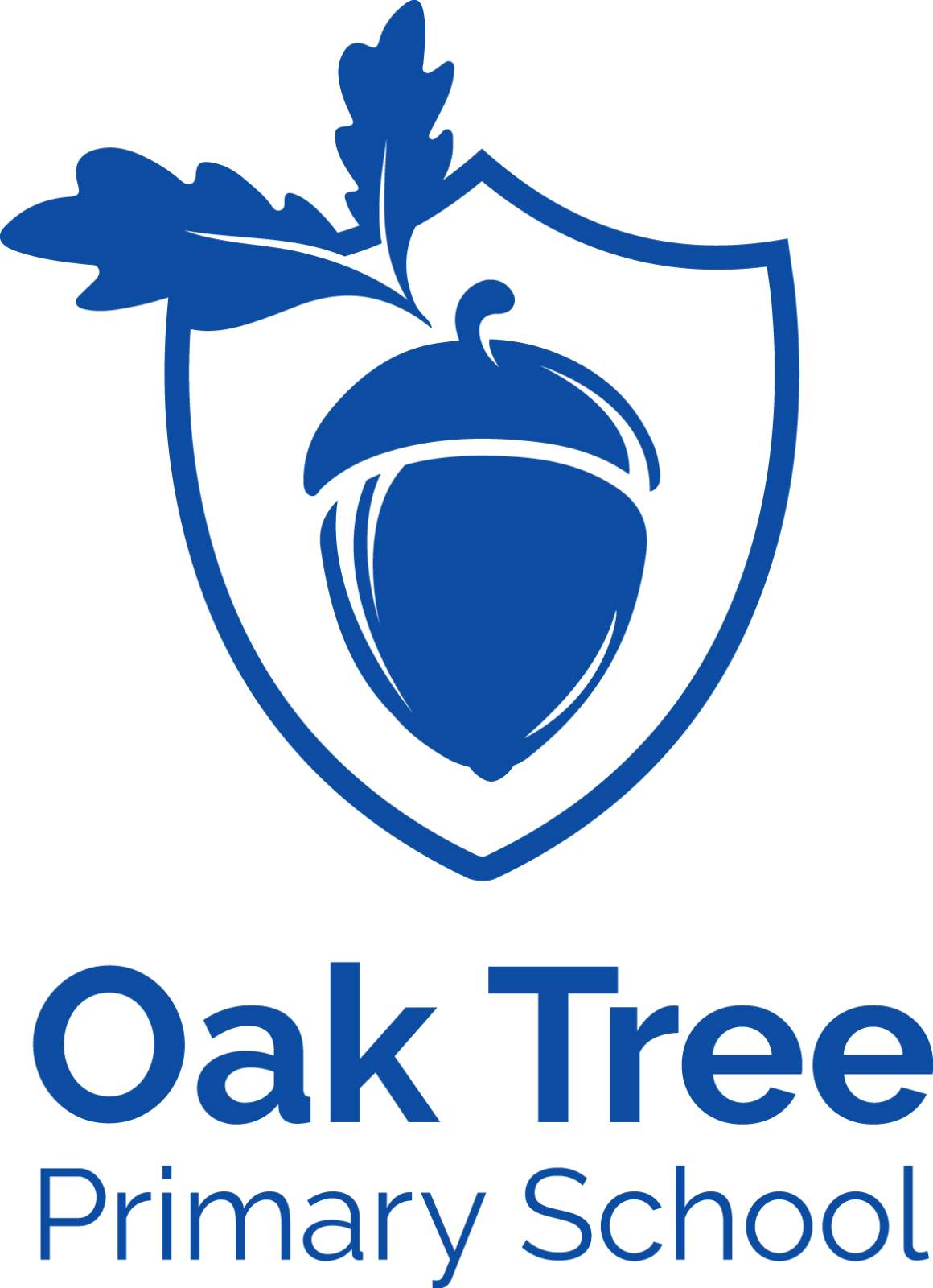 Oak tree primary school logo The oak tree school logo - a white acorn inside a white shield border with oak leaves on the top left